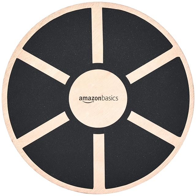 Tabla de equilibrio redonda de madera Amazon Basics, superficie de agarre negra cortada en seis cuñas alrededor de un buje desnudo
