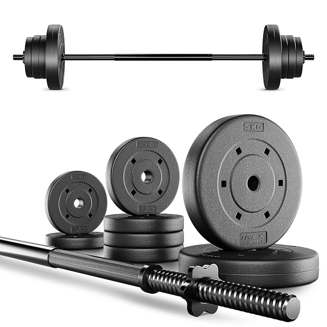 Barra de acero TREX SPORT de 120 cm con ocho discos recubiertos de plástico y dos cierres de estrella