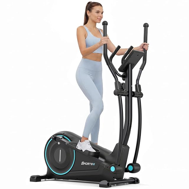 Crosstrainer Dripex en negro con aro de volante y mandos turquesa, manillares móviles y fijos y LCD encima
