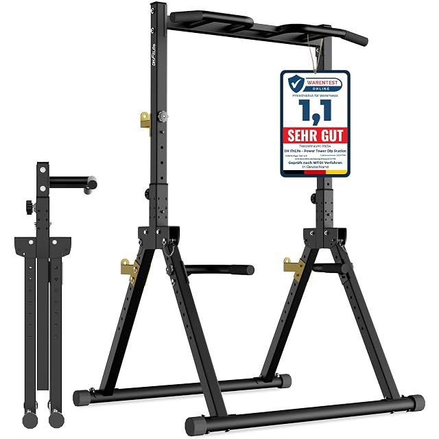Power Tower plegable DH FitLife con patas triangulares y apoyos de barra dorados, con una tarjeta Warentest Online 1,1 sujeta