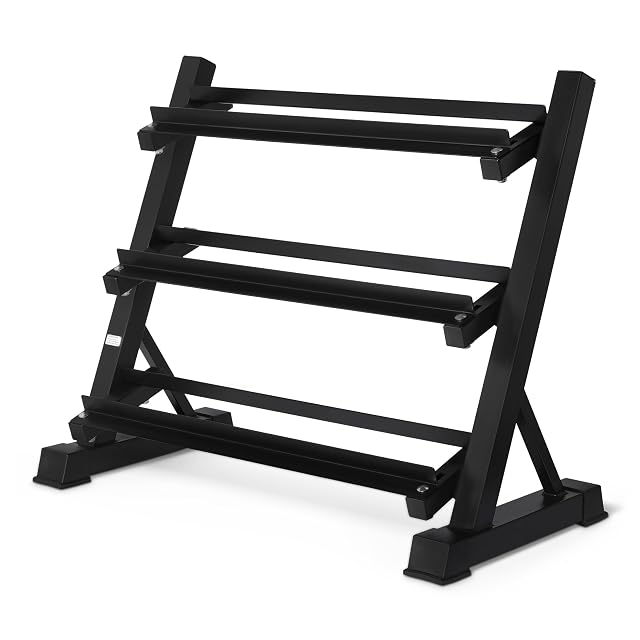 Soporte de mancuernas Amazon Basics negro, regulable y de tres alturas