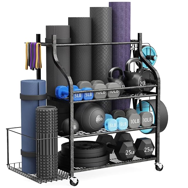 Carro de gimnasio con ruedas G TALECO GEAR cargado con esterillas, rodillos de espuma, mancuernas, pesas rusas y discos