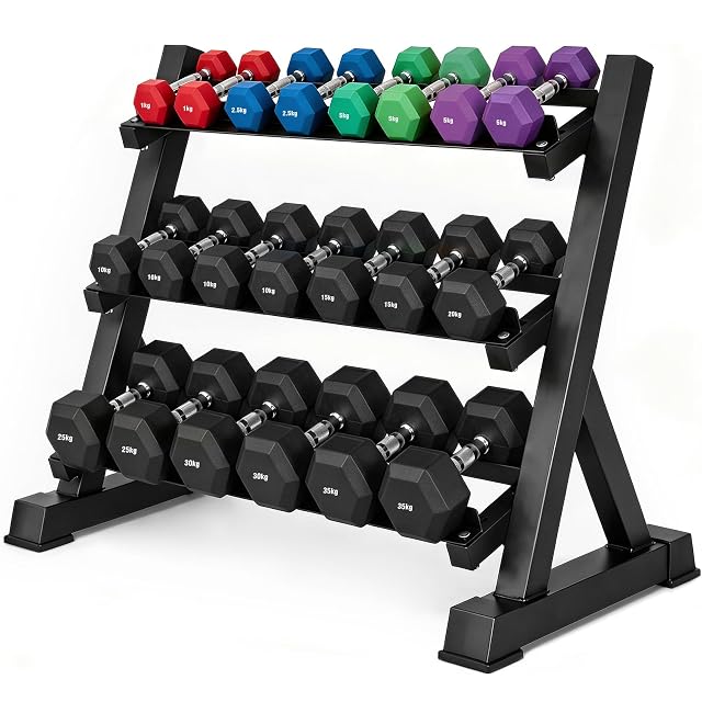 Soporte Grefinity de tres alturas cargado con mancuernas hexagonales, de colores de 1 a 5 kg arriba y de 25 a 35 kg abajo
