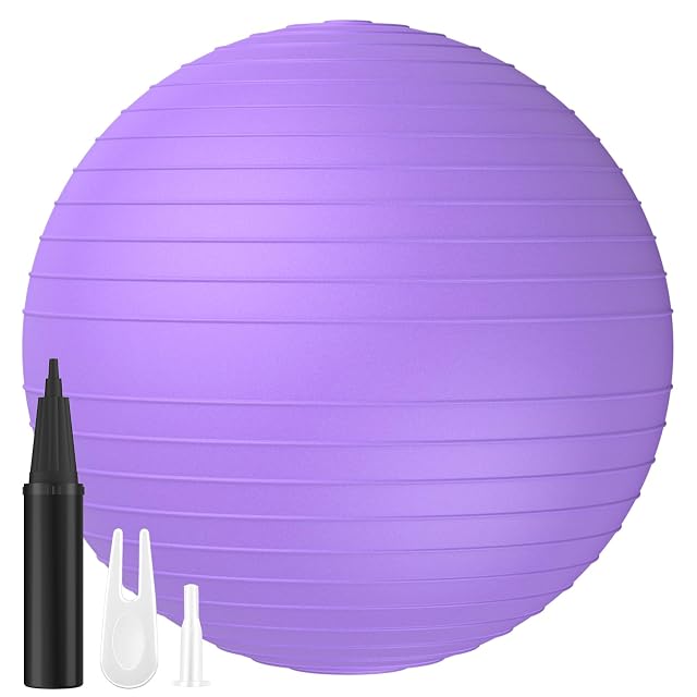 Pelota de yoga DEPAR lila con nervios horizontales antideslizantes, una bomba de varilla negra y dos boquillas