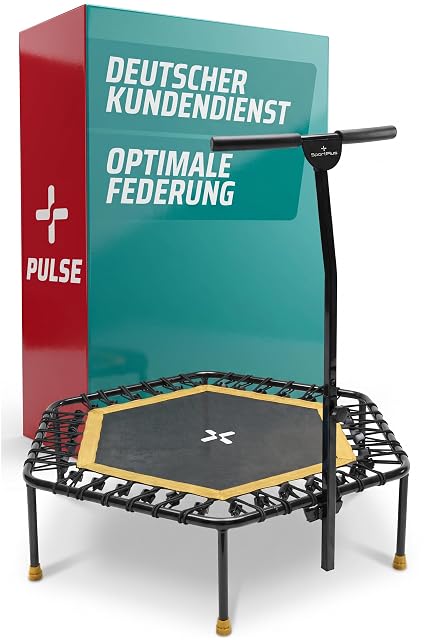 Trampolín hexagonal SportPlus, lona negra con borde amarillo y tacos de pie amarillos, asa de un solo montante