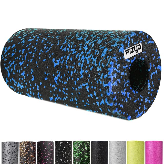 Rodillo FIZYO negro moteado de azul, con el núcleo hueco visible por un extremo y otras nueve combinaciones de color debajo