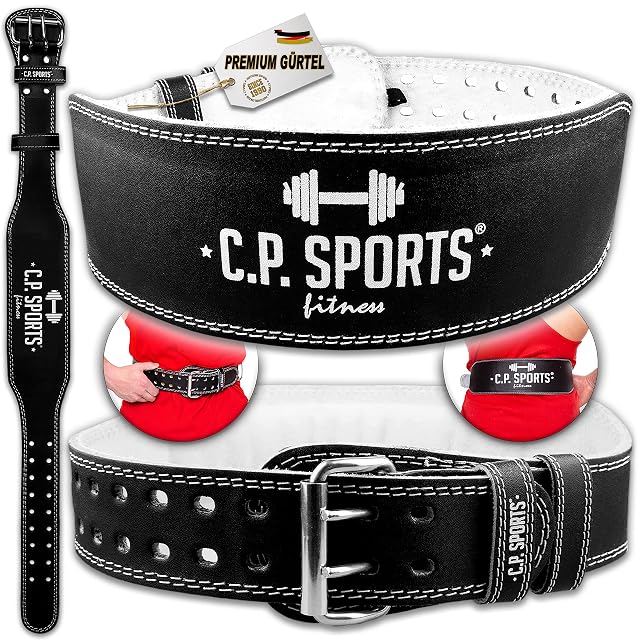 Cinturón de entrenamiento C.P. Sports de cuero negro con cara interior blanca y hebilla de doble pasador