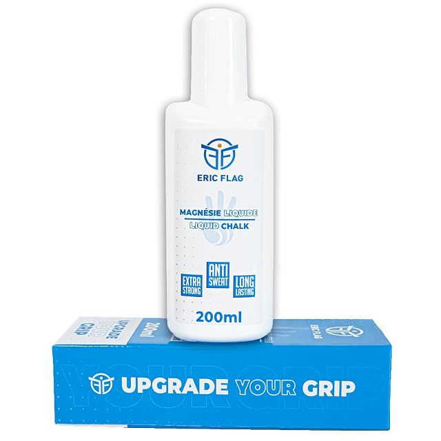 Bote ERIC FLAG blanco de 200 ml con etiqueta azul, sobre su caja con el lema «Upgrade Your Grip»