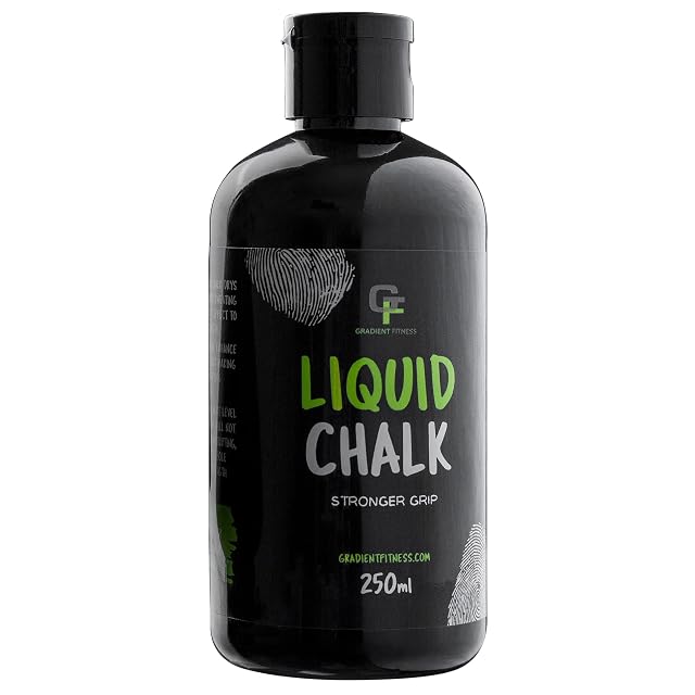 Bote Gradient Fitness negro de 250 ml, con motivos de huellas dactilares tras la etiqueta y «Liquid Chalk» en verde y gris