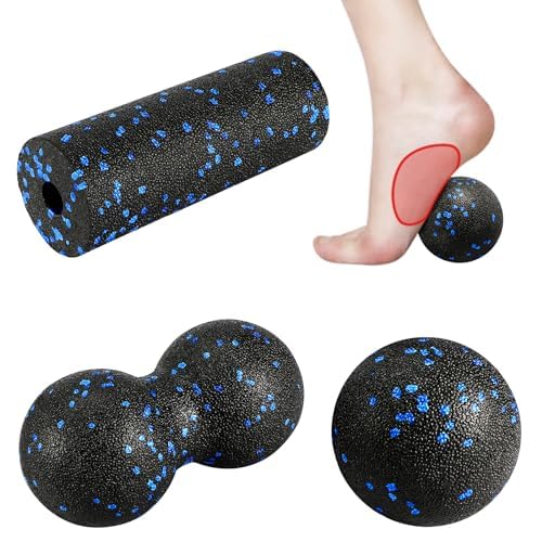 Tres piezas Collazoey negras moteadas de azul: un rodillo hueco, una pelota de cacahuete y una pelota suelta