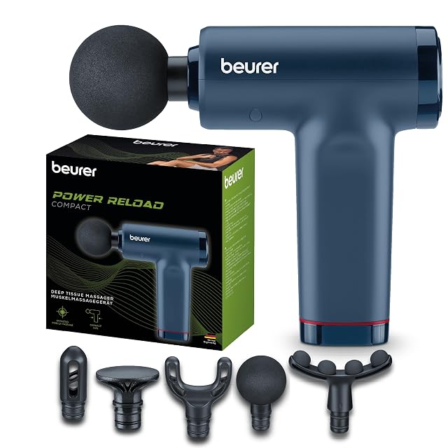 Beurer PowerReload compacta en azul oscuro junto a su caja verde y negra, con cinco accesorios dispuestos debajo