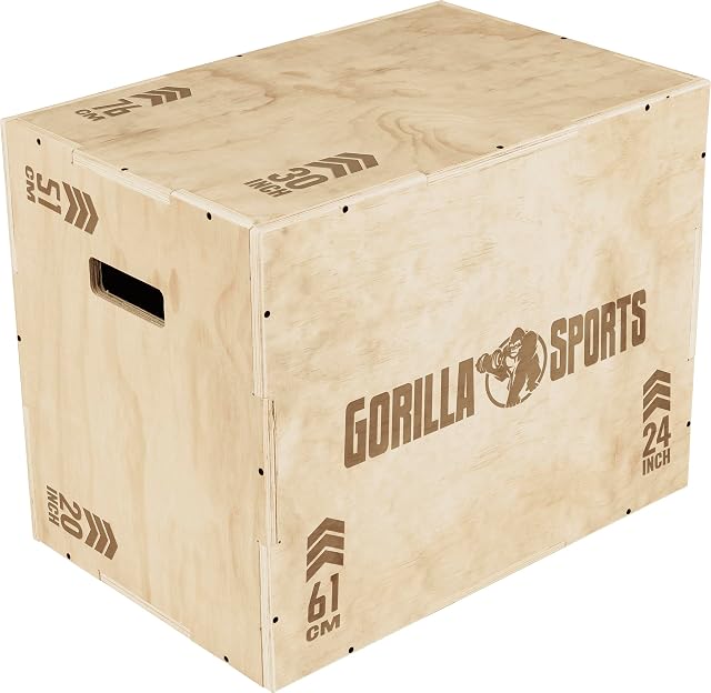Cajón pliométrico GORILLA SPORTS con cara de pino claro, chevrones marcando 51 CM, 61 CM y 76 CM en tres caras