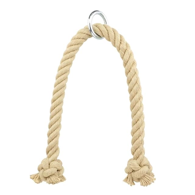 Cuerda de polihemp Kanirope clara pasada por una anilla de acero, con cada extremo rematado en un nudo y no en un tope moldeado