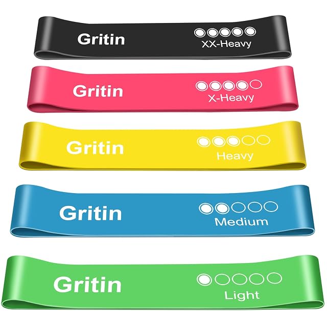 Cinco bandas circulares Gritin apiladas en negro, rosa, amarillo, azul y verde, cada una impresa con puntos de nivel rellenos