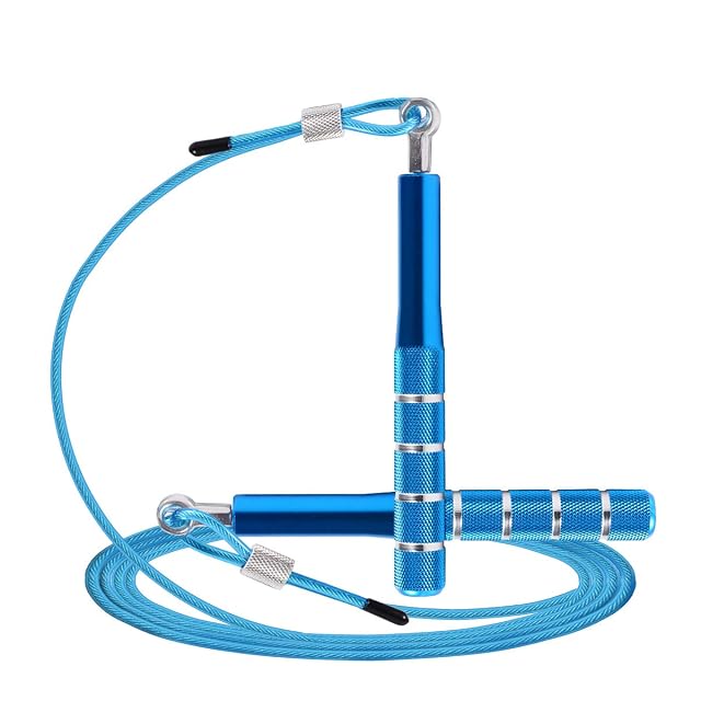 Comba de velocidad Wastou en azul intenso, con empuñaduras de aluminio moleteado, anillas plateadas y cable recubierto a juego