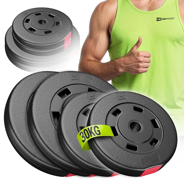 Juego Hop-Sport de cuatro discos de plástico negro, dos de 10 kg y dos de 5 kg