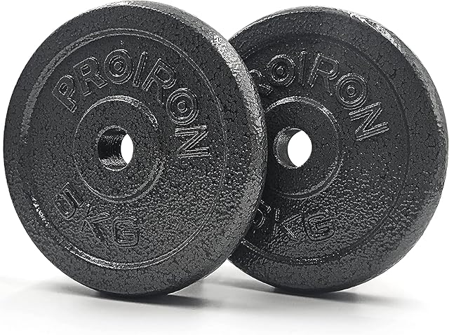 Dos discos PROIRON de hierro fundido marcados «5KG», con acabado negro martillado y la marca en relieve alrededor del orificio