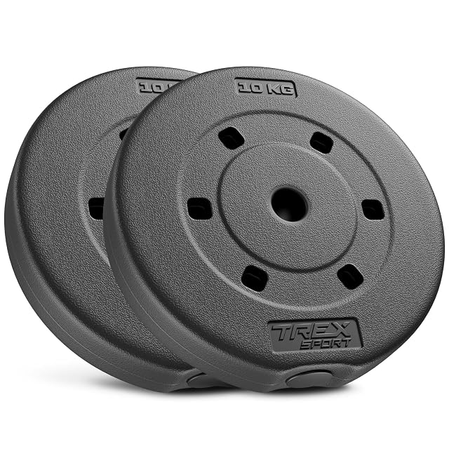 Par de discos de plástico TREX SPORT negros de 10 kg con cantos biselados