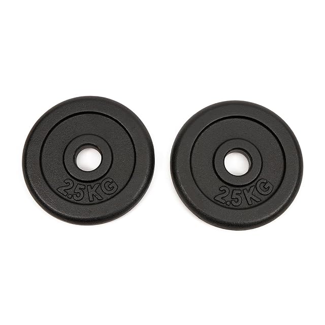 Dos discos de hierro fundido WORQOUT negros de 2,5 kg con orificio central de 30 mm