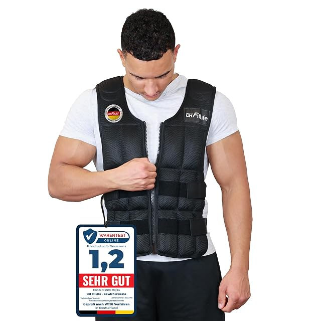 Chaleco lastrado DH FitLife de malla negra llevado cerrado, con un cartel de Warentest Online con un 1,2 colocado al lado
