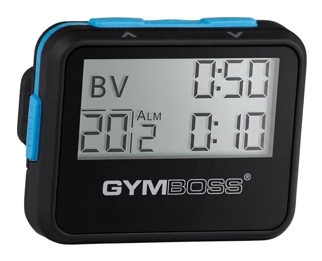 Temporizador de intervalos Gymboss negro y azul con pinza de cinturón