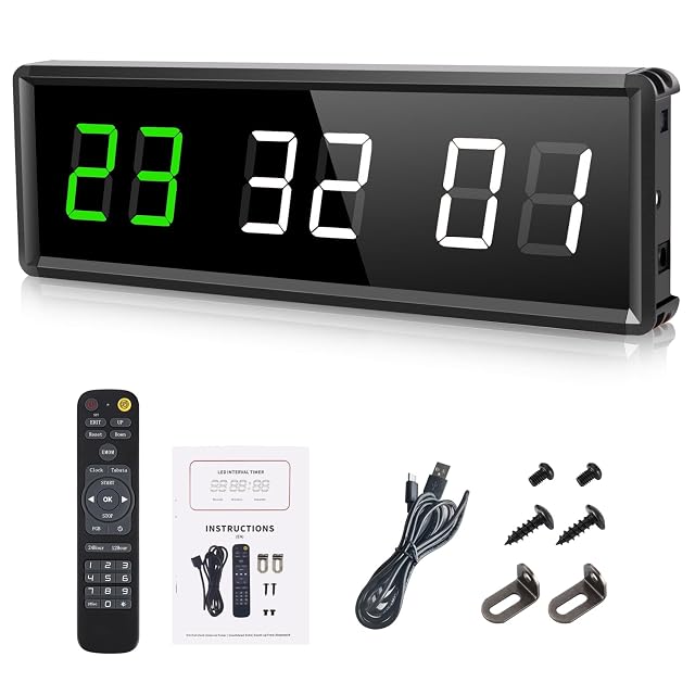 Barra de temporizador de LED PELLOR negra mostrando dígitos verdes y blancos, con mando, instrucciones, cable USB y soportes