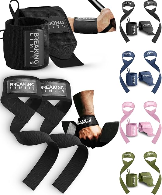 Juego Breaking Limits de muñequeras y correas de levantamiento negras