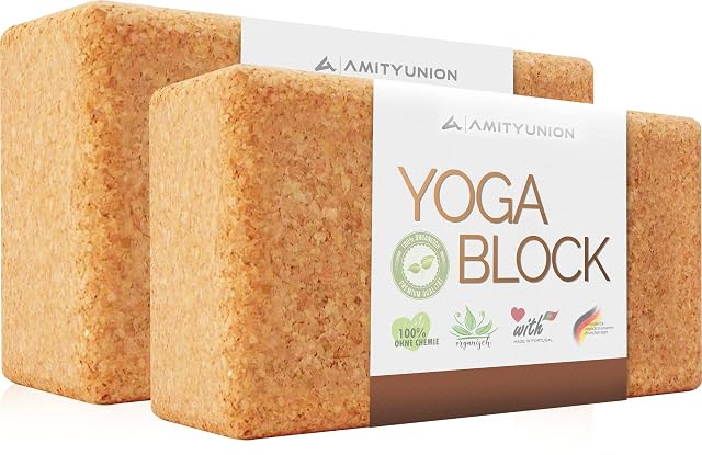 Dos bloques de corcho AMITYUNION bajo una faja de papel que dice «Yoga Block», «orgánico» y «Made in Portugal»