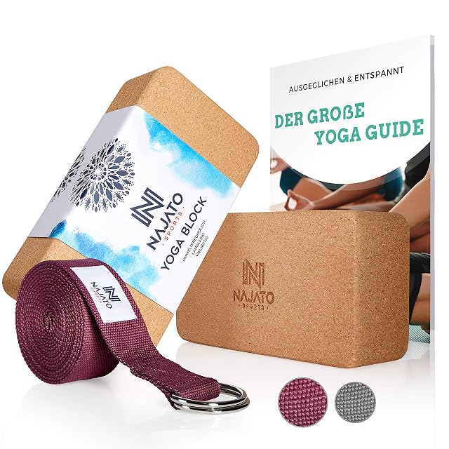 Par de bloques de yoga de corcho NAJATO con una cinta de yoga de algodón