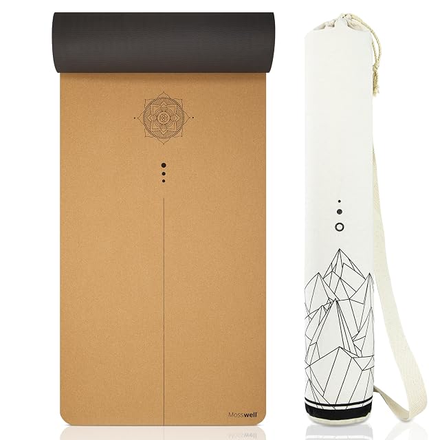 Esterilla de yoga de corcho Mosswell con línea de alineación y bolsa de transporte de algodón